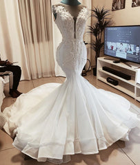 Sleeveless Beads Appliques Mermaid Wedding Dresses Sheer Tulle V neck Tulle Bridal Gowns