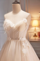 Spaghetti Strap V Neck Tulle Short Prom Dress Outfits For Girls, Cute Champagne Homecoming Dress