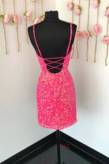 Spaghetti Straps Pink Sequins Short Homecoming Dress Outfits For Women with Criss Cross Back