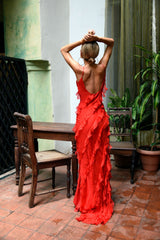 Spaghetti Straps Red Long Prom Dresses,Ruffles Sheath Evening Formal Gown