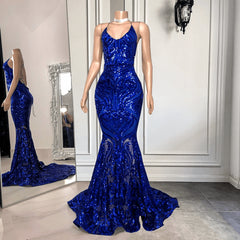 Spaghetti-Straps Royal Blue Long Mermaid Prom Dress Outfits For Women With Sequins