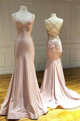 गुलाबी स्पेगेटी पट्टियाँ मरमेड लंबी प्रोम पोशाक, सरल औपचारिक गाउन