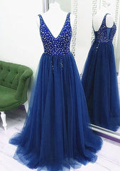 Sparkle Beaded Tulle V-neckline Floor Length Party Dress Outfits For Girls, Blue Junior Prom Dresses For Black girls Formal Dresses