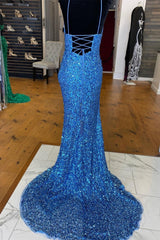 Sparkle Blue Sequin Prom Dresses For Black girls Iridescent Mermaid Long Formal Dresses For Black girls Side Slit