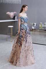 Sparkly Off-the-Shoulder Sequins A line Prom Dresses Floor Length