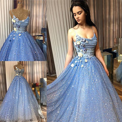 Sparkly Blue Spaghetti Straps Floral Top A Line Long Prom Dress
