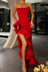 Square Neck Red Prom Gown With Flounced Oblique Hem Evening Dress