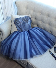 Charming Blue Lace Tule A Lin Short Prom Dress, Homecoming Dress
