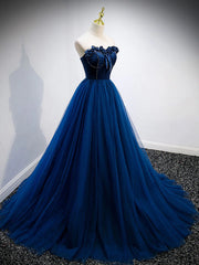 Strapless Blue Velvet Long Prom Dresses For Black girls For Women, Blue Velvet Long Formal Graduation Dresses
