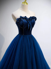 Strapless Blue Velvet Long Prom Dresses For Black girls For Women, Blue Velvet Long Formal Graduation Dresses