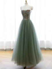 Strapless Green Tulle Floral Long Prom Dresses For Black girls For Women, Green Tulle Floral Formal Evening Dresses