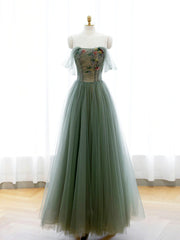 Strapless Green Tulle Floral Long Prom Dresses For Black girls For Women, Green Tulle Floral Formal Evening Dresses