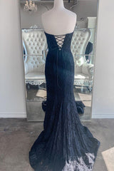 Strapless Mermaid Dark Blue Lace Long Prom Dresses, Mermaid Dark Blue Lace Formal Dresses, Dark Blue Lace Evening Dresses