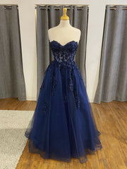 Strapless Navy Blue Beaded Lace Prom Dresses For Black girls For Women, Navy Blue Lace Formal Evening Dresses