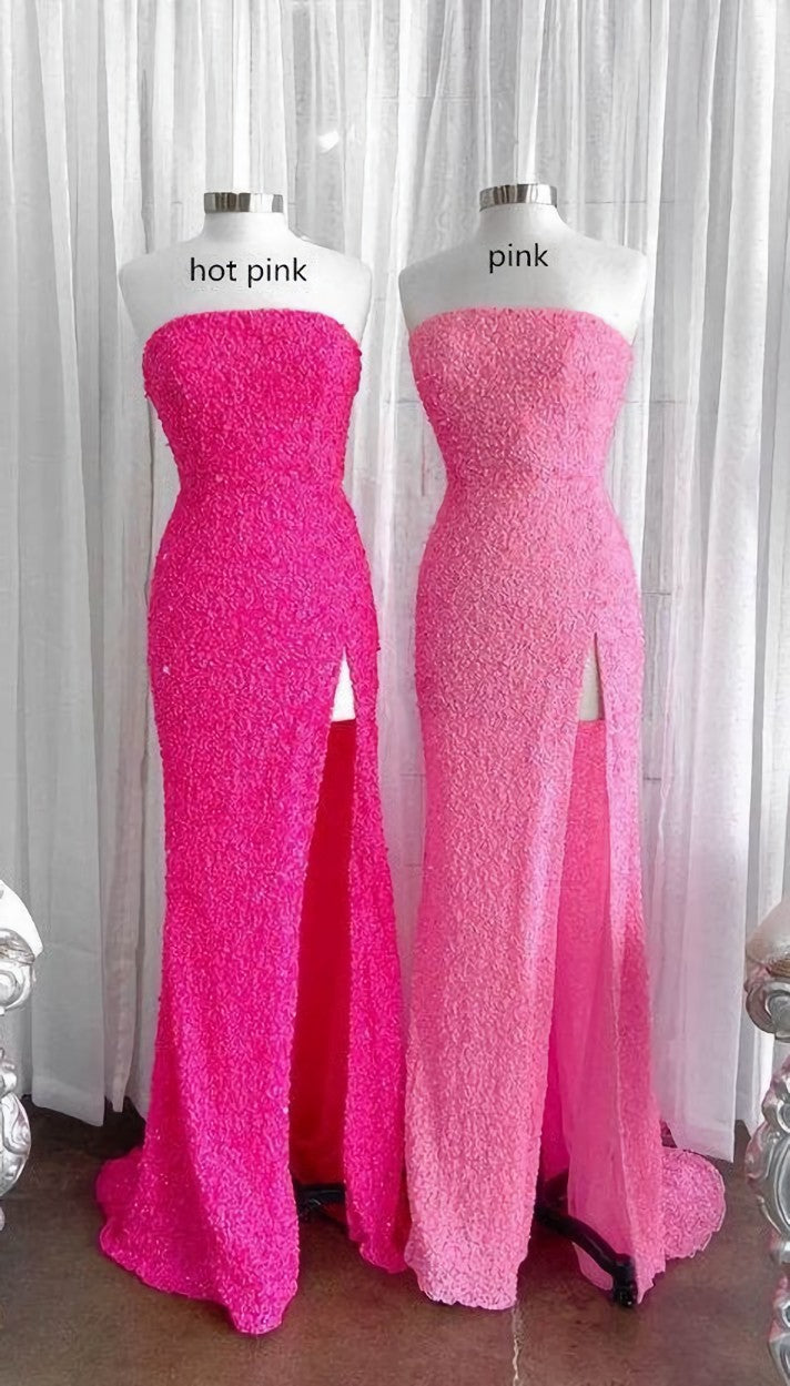 Strapless Pink Sequins Prom Dress Outfits For Women with Slit,Sparkly White Night Dresses For Black girls Party Event