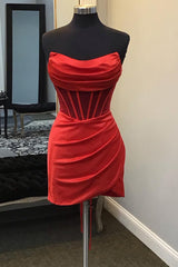 Strapless Pleated Red Satin Homecoming Dress Outfits For Women Bodycon Dresses
