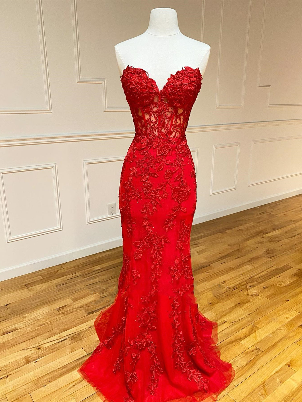 Strapless Red Lace Mermaid Long Prom Dresses For Black girls For Women, Red Mermaid Long Lace Formal Evening Dresses