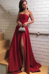 Strapless Satin Dark Red Prom Dresses With Slit Side Sexy Formal Dresses