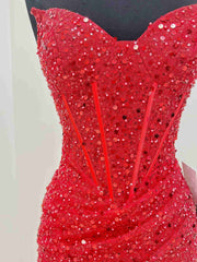 Strapless Short Red Prom Dresses For Black girls For Women, Shiny Short Red Formal Homecoming Dresses