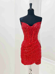 Strapless Short Red Prom Dresses For Black girls For Women, Shiny Short Red Formal Homecoming Dresses
