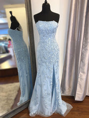 Strapless Sky Blue Lace Mermaid Long Prom Dresses For Black girls For Women, Blue Lace Mermaid Formal Graduation Dresses