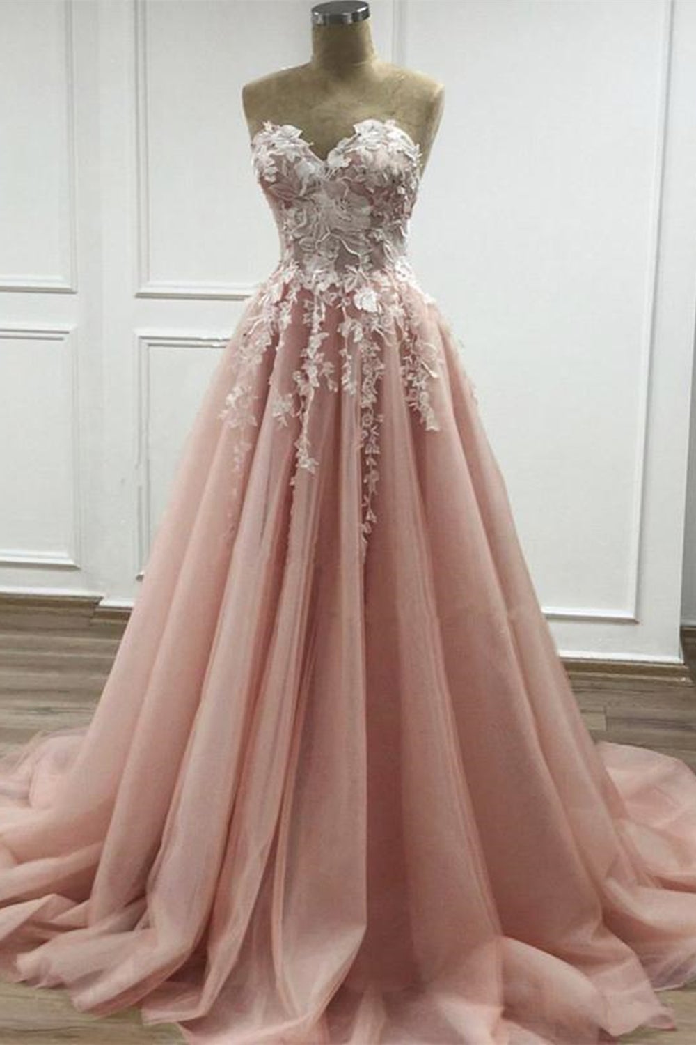 Strapless Sweetheart Neck Pink Lace Appliques Long Prom Dress Outfits For Girls,Floral Formal Dress Outfits For Girls,Fashion Evening Dresses