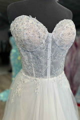 Strapless White Lace Corset Long Formal Dress with Rhinestones