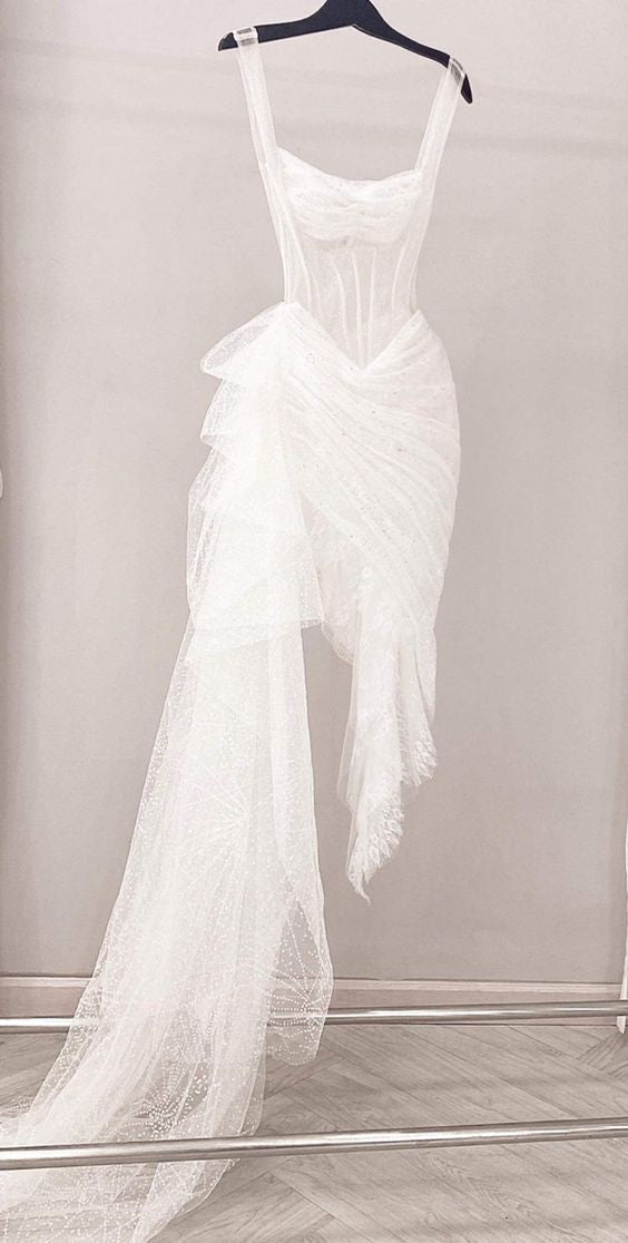 Straps Glitter White Reception dress,White Party Dress