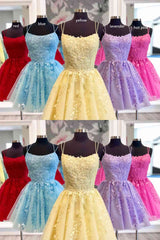 Straps Lace Applique Blue Homecoming Dress Outfits For Girls,Fuchsia Cocktail Dresses