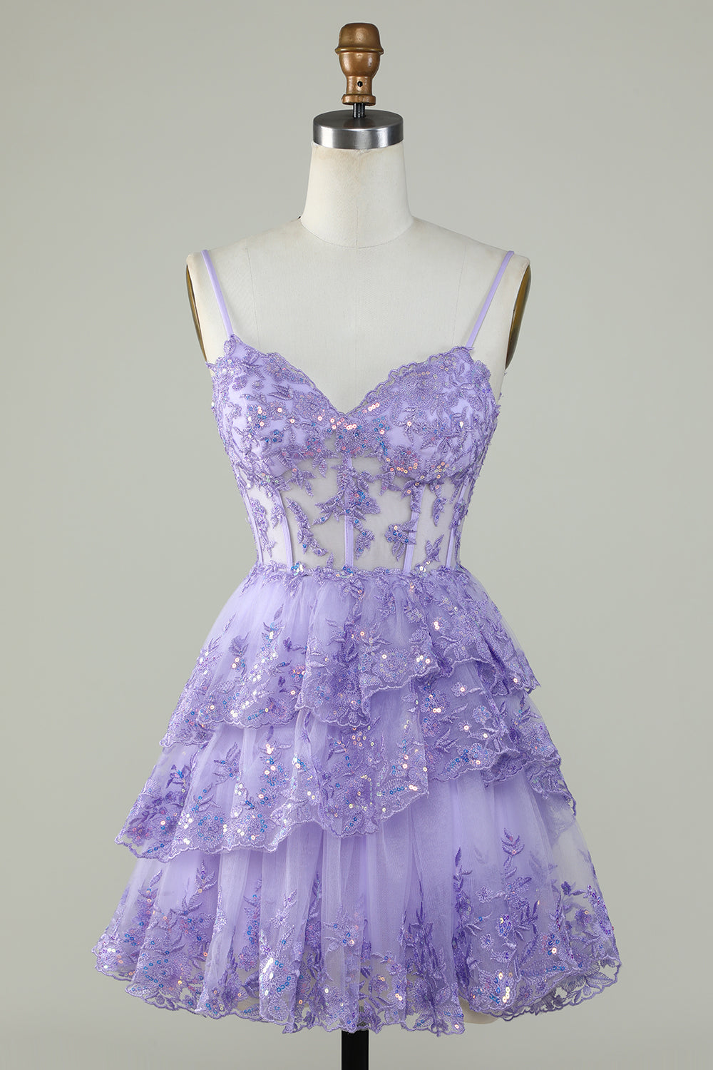 Straps Lavender Sequins Corset Layered Homecoming Dress