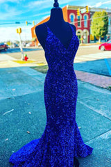 Straps Mermaid Royal Blue Sequins Long Prom Dress Outfits For Women with Slit