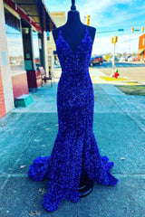 Straps Mermaid Royal Blue Sequins Long Prom Dress Outfits For Women with Slit