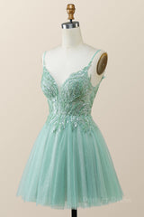 Straps Mint Green Tulle A-line Short Homecoming Dress