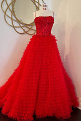 Straps Red Sequin Appliques Layered Tulle Ball Gown