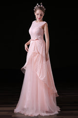 Sweet Tulle & Lace Bateau Neckline Floor-length A-line Prom Dresses With Belt