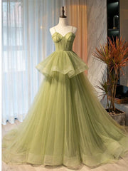 Sweetheart Neck Green Tulle Long Prom Dresses For Black girls For Women, Green Tulle Long Formal Graduation Dresses