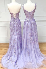 Sweetheart Neck Purple Lace Long Prom Dress, Strapless Purple Formal Dress, Mermaid Purple Evening Dress
