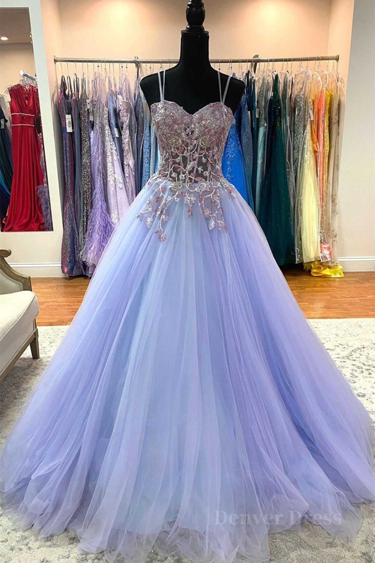 Sweetheart Neck Purple Tulle Long Prom Dress with Lace Appliques, Purple Lace Formal Graduation Evening Dress