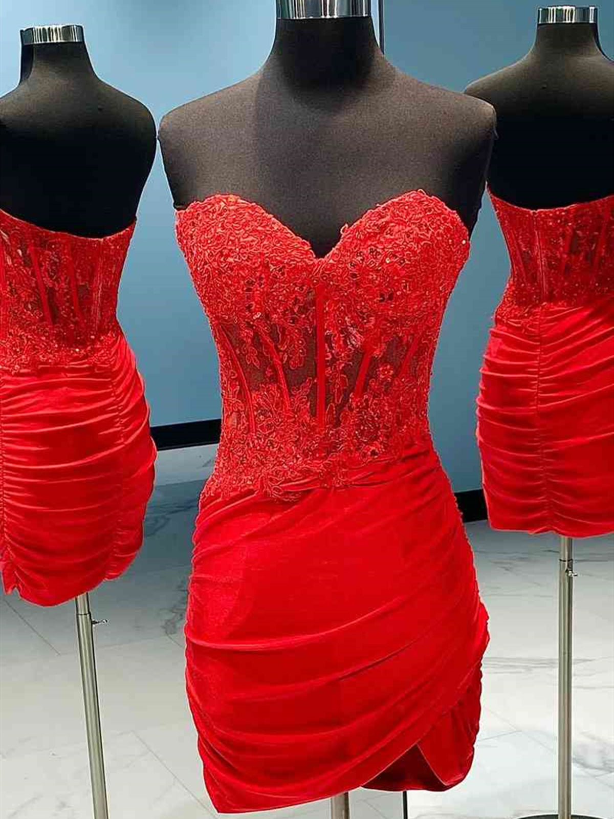 Sweetheart Neck Short Red Lace Prom Dresses For Black girls For Women, Short Red Lace Formal Homecoming Dresses