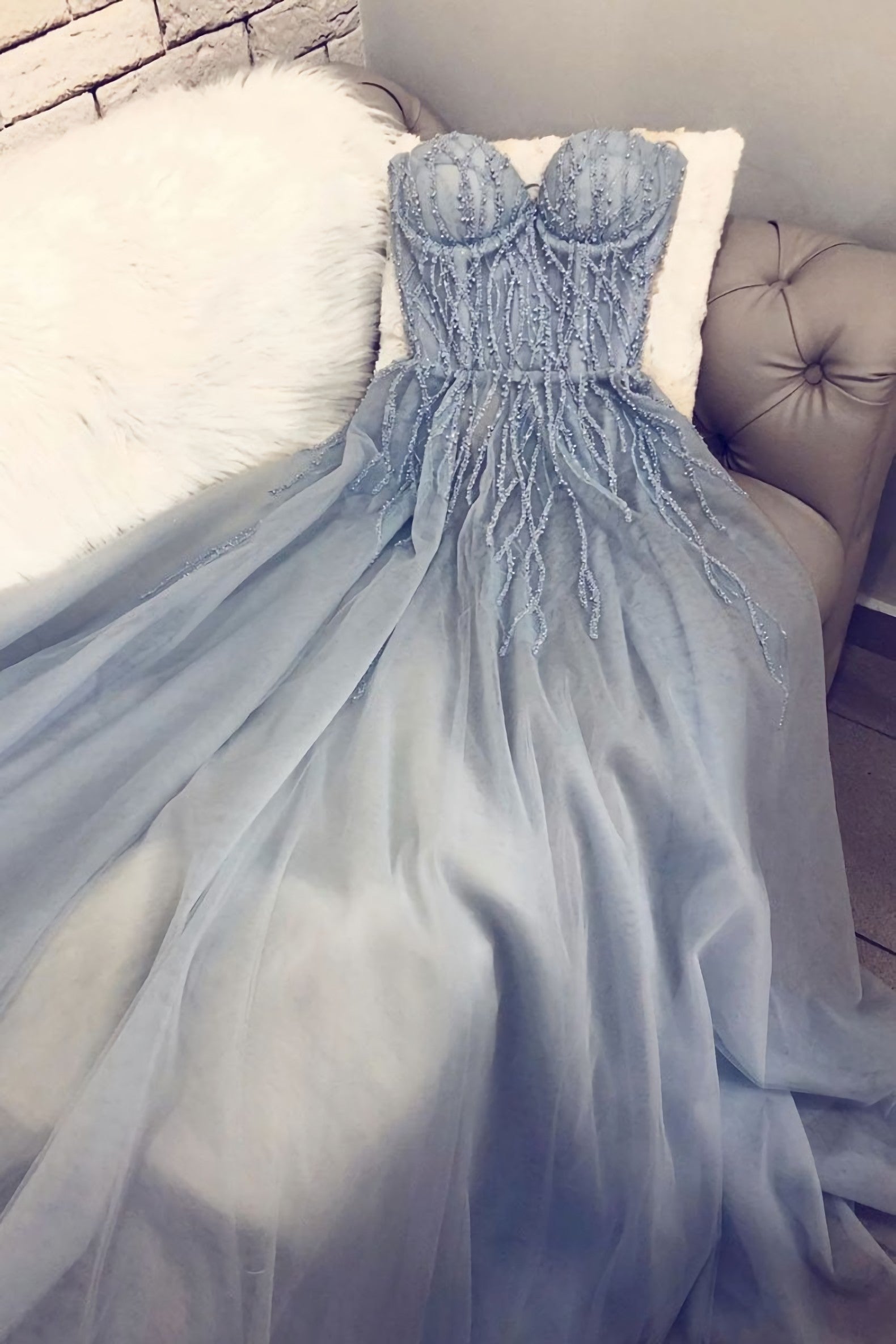 A Line Sweetheart Tulle Appliqued Prom Dresses Charming Long Party Dresses