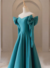 Teal Blue Long Sleeves with Bow A-line Sweetheart Prom Dress Outfits For Girls, Teal Blue Evening Dress