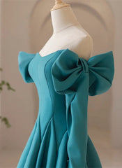 Teal Blue Long Sleeves with Bow A-line Sweetheart Prom Dress Outfits For Girls, Teal Blue Evening Dress