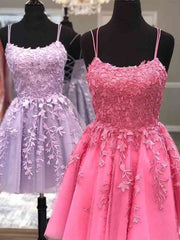 Thin Straps Short Purple Pink Lace Prom Dresses For Black girls For Women, Short Purple Pink Lace Graduation Homecoming Dresses