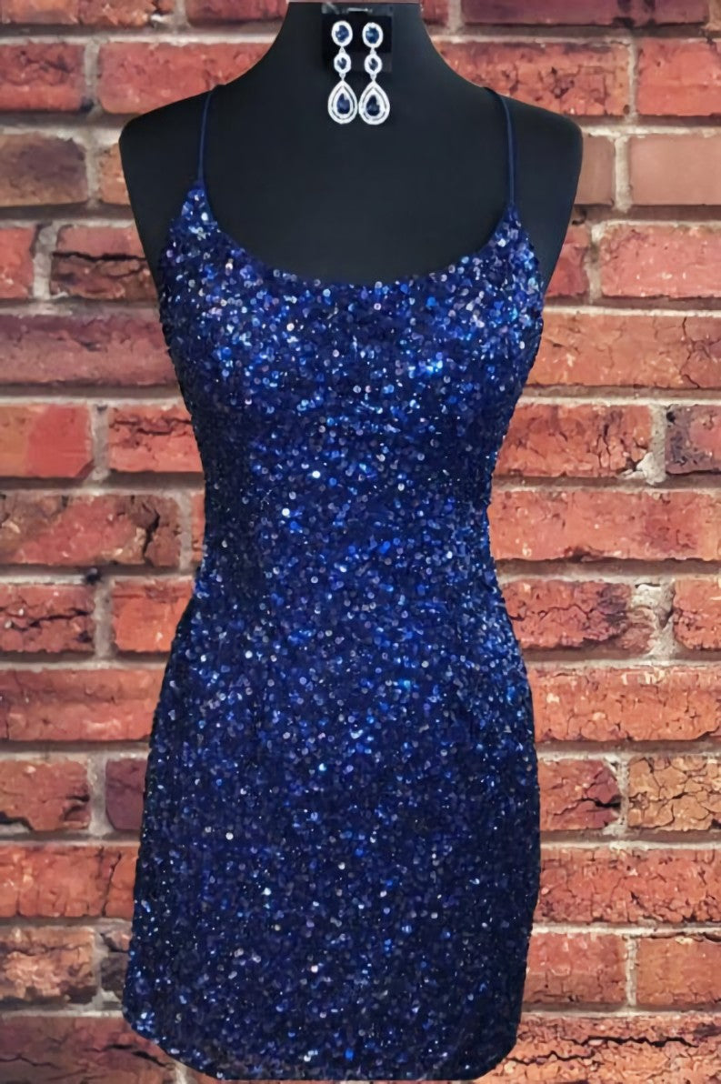 Tight Navy Blue Sequin Short Homecoming Dresses For Black girls Sparkly Party Dress
