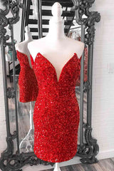 Tight V Neck Red Sequins Short Party Dress Outfits For Girls,Sparkly Bodycon Dresses