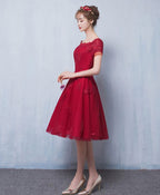 Cute Burgundy Lace Short Prom Dress, Homecoming Dress