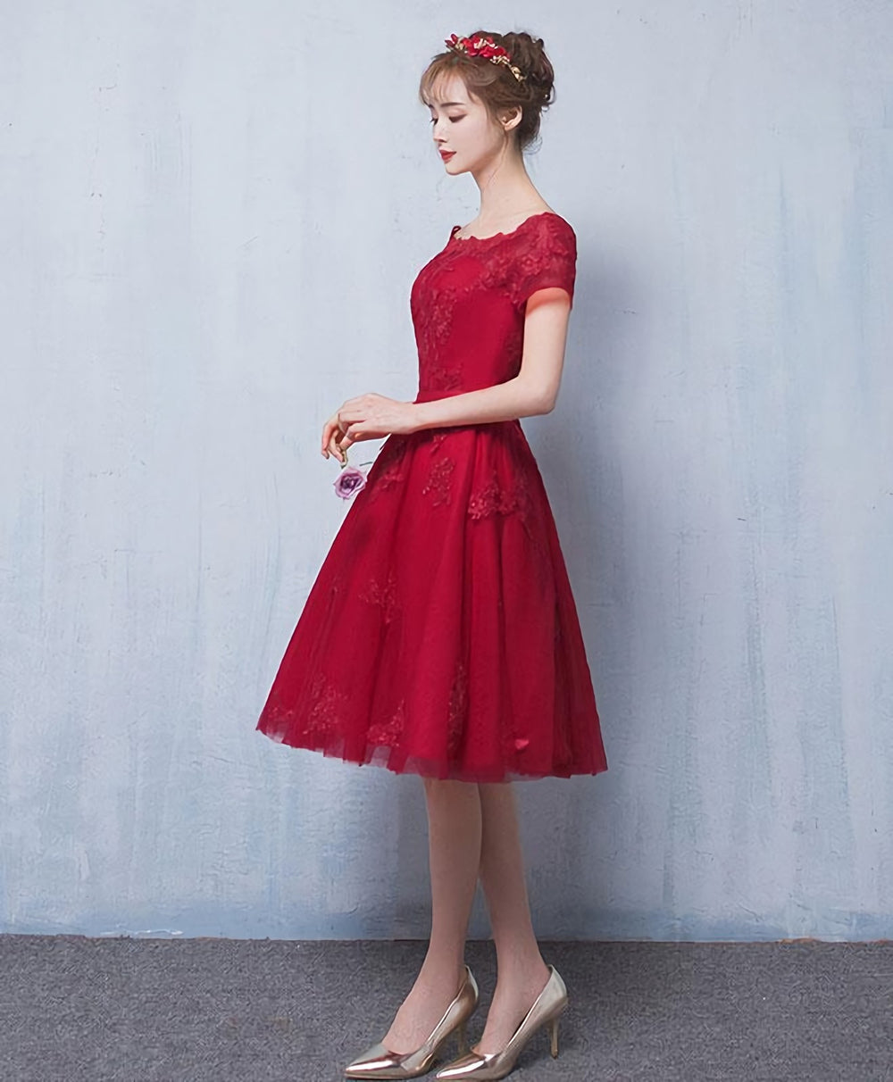 Cute Burgundy Lace Short Prom Dress, Homecoming Dress