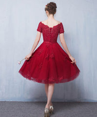 Cute Burgundy Lace Short Prom Dress, Homecoming Dress