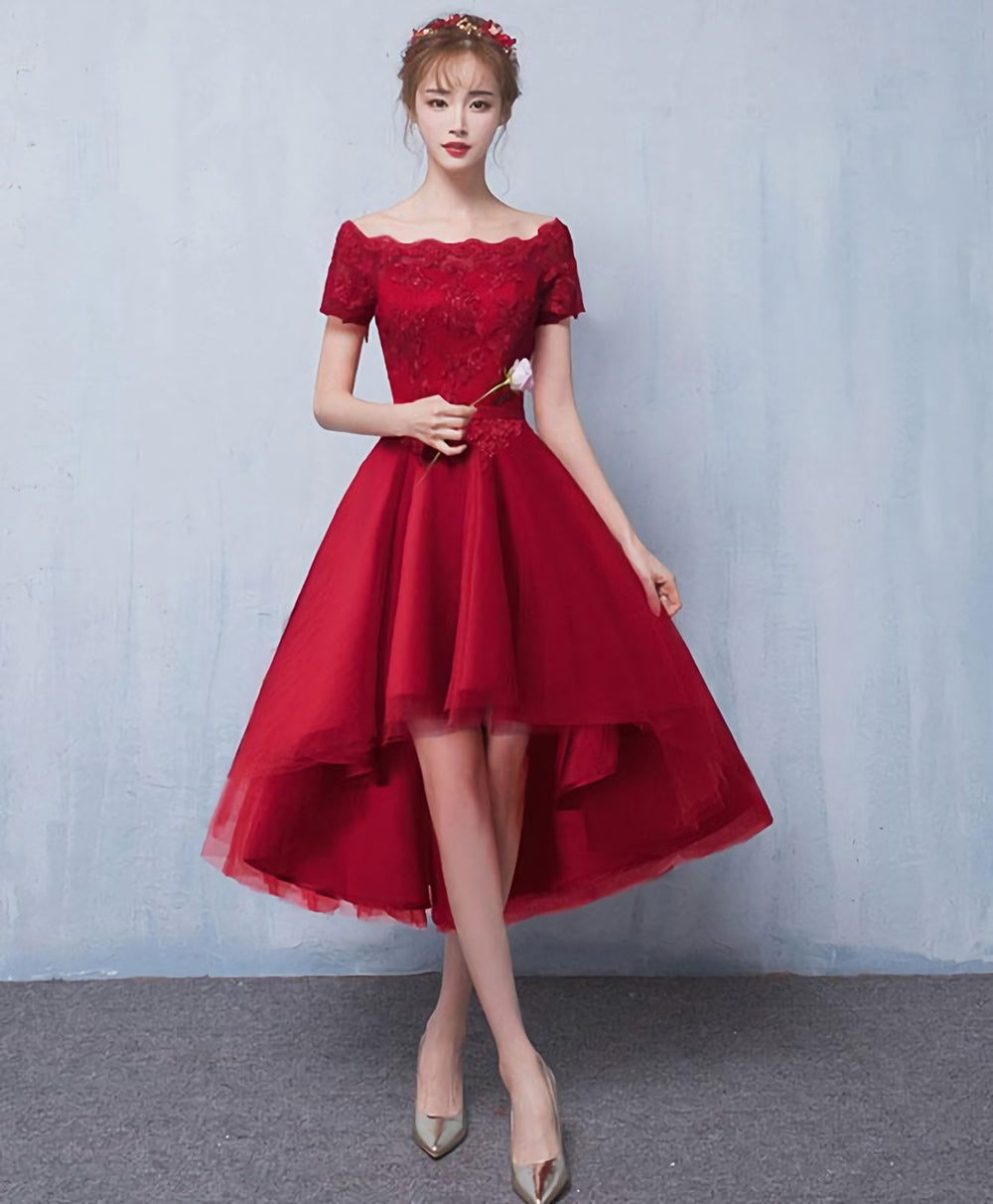 Cute Burgundy Lace Short Prom Dress, Homecoming Dress