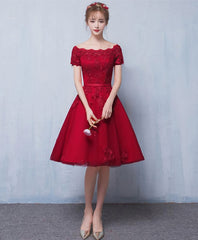Cute Burgundy Lace Short Prom Dress, Homecoming Dress